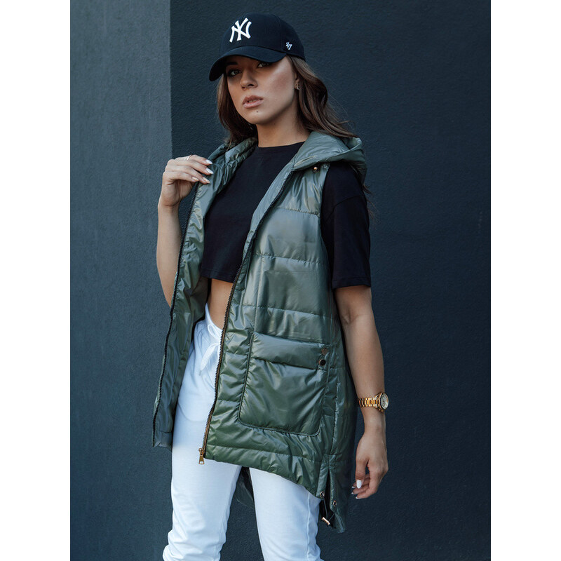 Dámská prošívaná dlouhá vesta s kapucí JESS zelená FashionStreet