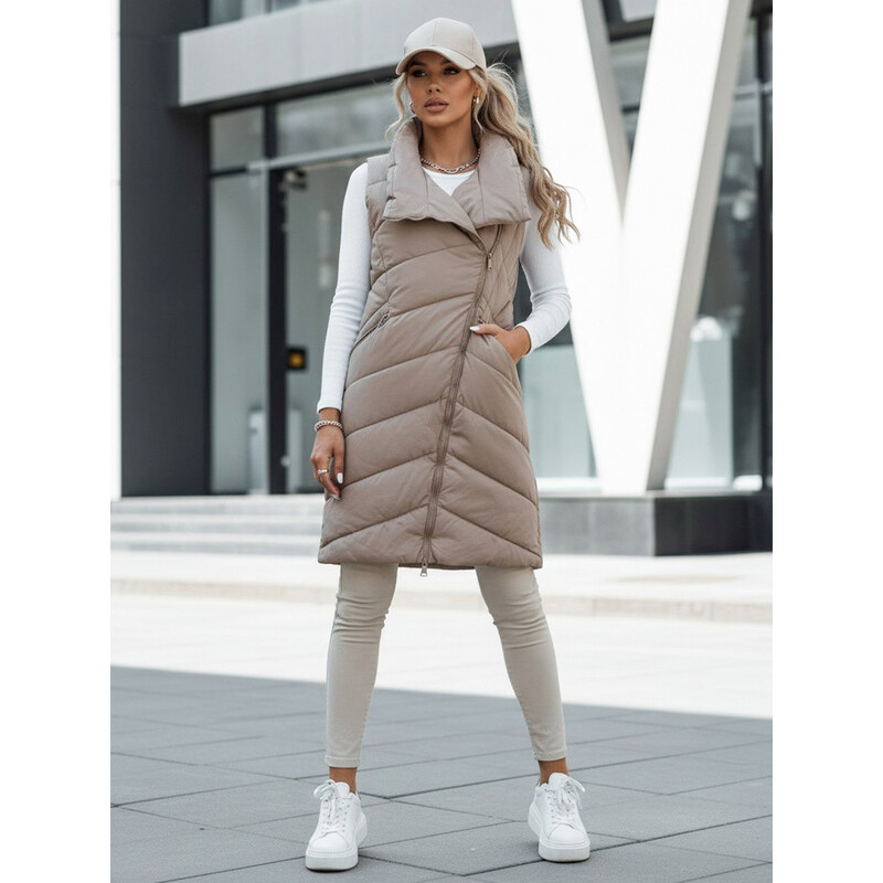 Dámská prošívaná dlouhá vesta bez kapuce béžová Dstreet model