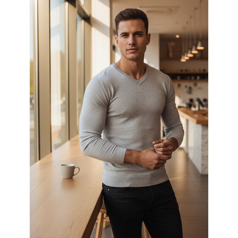 Pánský světle šedý svetr s výstřihem FashionStreet WX2218