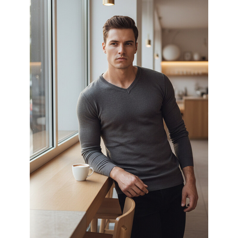 Pánský tmavě šedý svetr s výstřihem FashionStreet WX2219