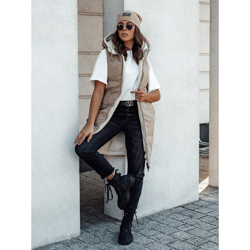COSYVIVA dámská dlouhá prošívaná vesta s kapucí béžová FashionStreet 113427295