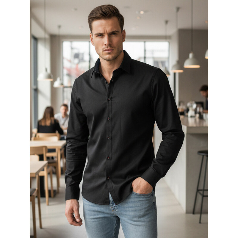 Pánská elegantní hladká černá košile SLIM FIT FashionStreet