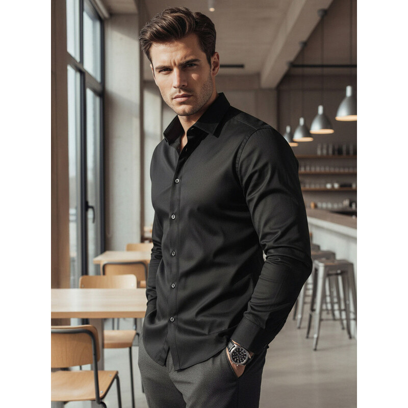 Pánská elegantní hladká černá košile SLIM FIT FashionStreet