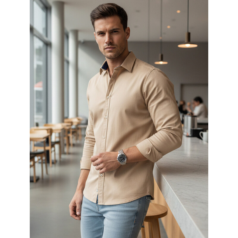 Pánská elegantní hladká béžová košile SLIM FIT Dstreet model