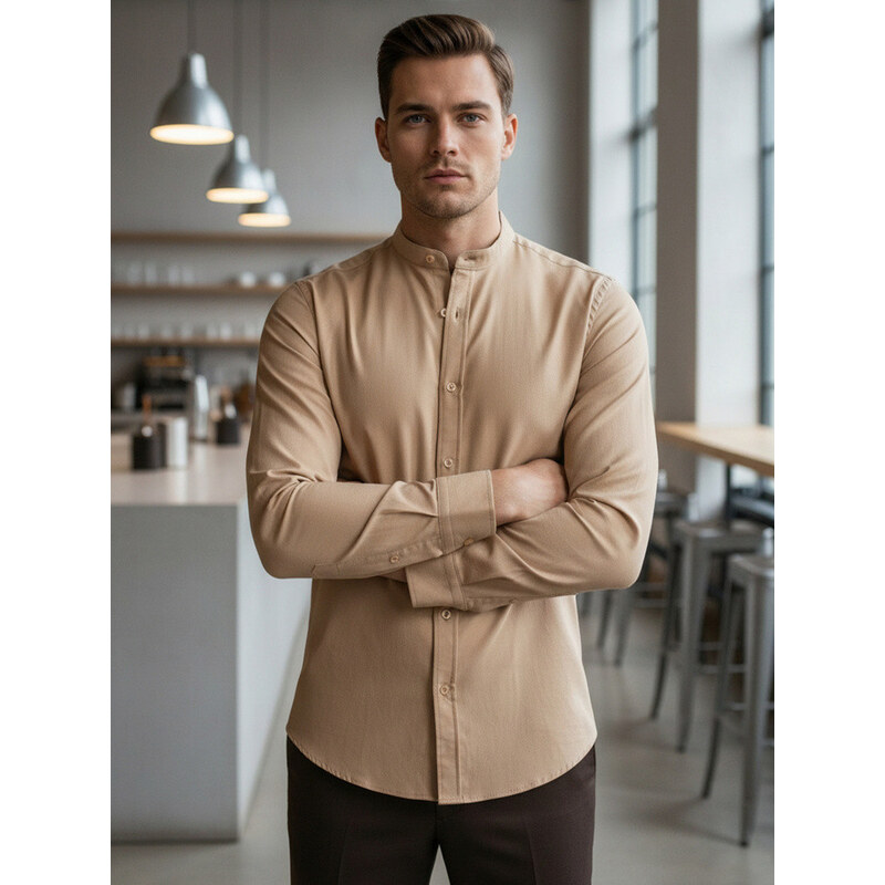 Pánská ležérní béžová košile SLIM FIT se stojáčkem Dstreet model