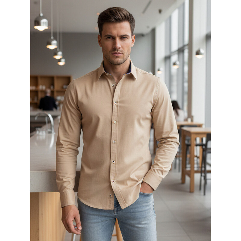 Pánská elegantní hladká béžová košile SLIM FIT FashionStreet