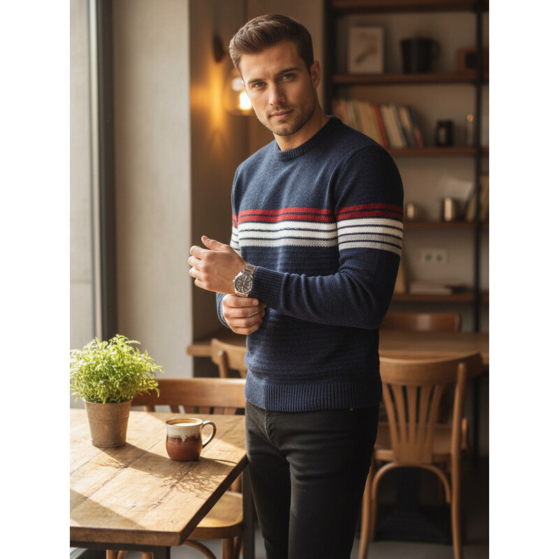 Pánský pruhovaný tmavě modrý svetr FashionStreet WX2281