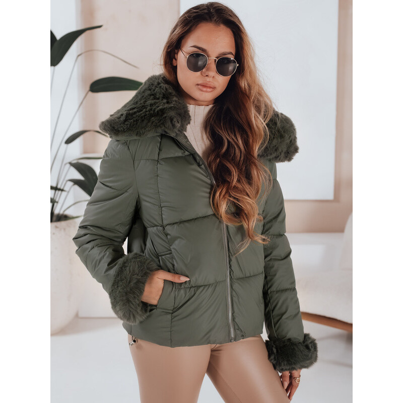 Dámská prošívaná krátká bunda s kožešinou zelená FashionStreet TY5068 113428018