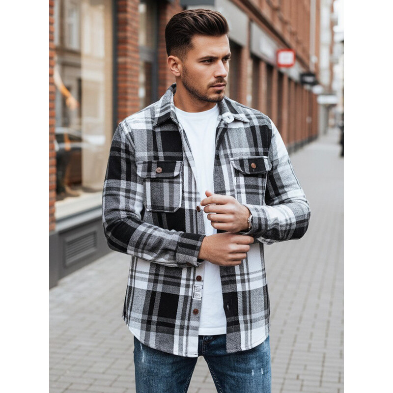 Pánská černobílá kostkovaná flanelová košile FashionStreet