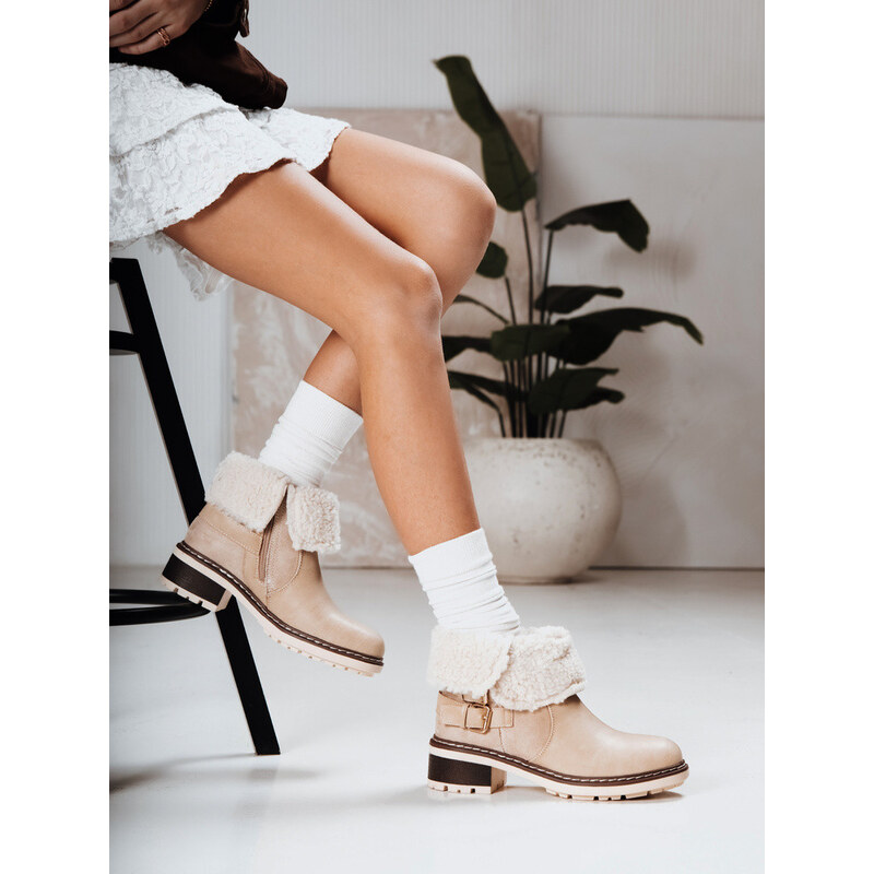 Dámské kozačky s ovčí kůží béžové FashionStreet ZY1249
