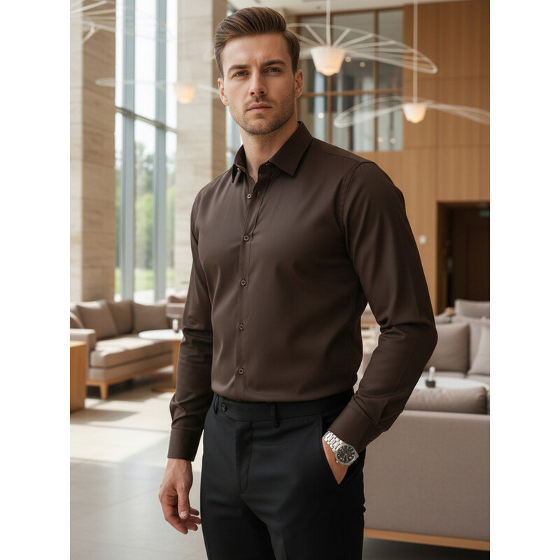 Pánská elegantní hladká tmavě hnědá košile SLIM FIT