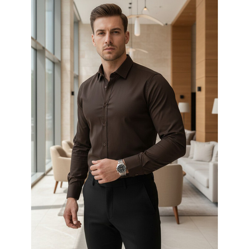Pánská elegantní hladká tmavě hnědá košile SLIM FIT Dstreet