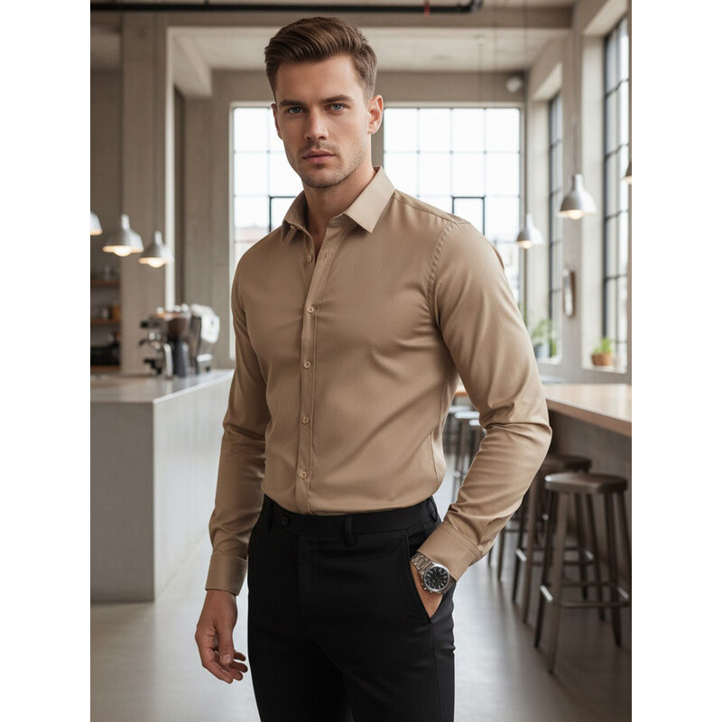 Pánská košileSLIM FIT elegantní hladká béžová FashionStreet