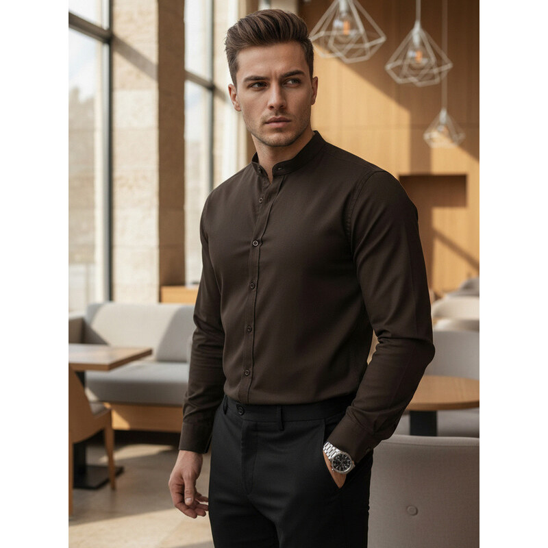 Pánská neformální košile SLIM FIT se stojáčkem hnědá