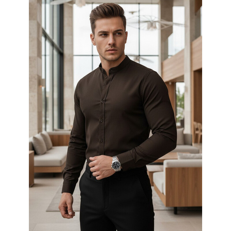 Pánská košile SLIM FIT se stojáčkem hnědá Dstreet model 21995748