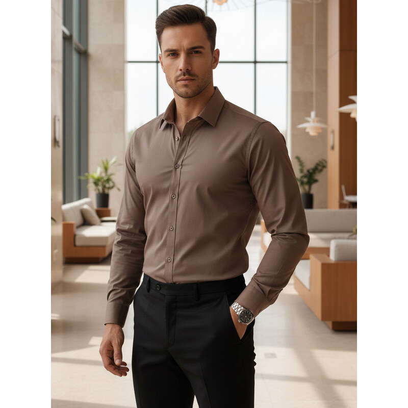 Pánská elegantní hladká hnědá košile REGULAR FIT FashionStreet