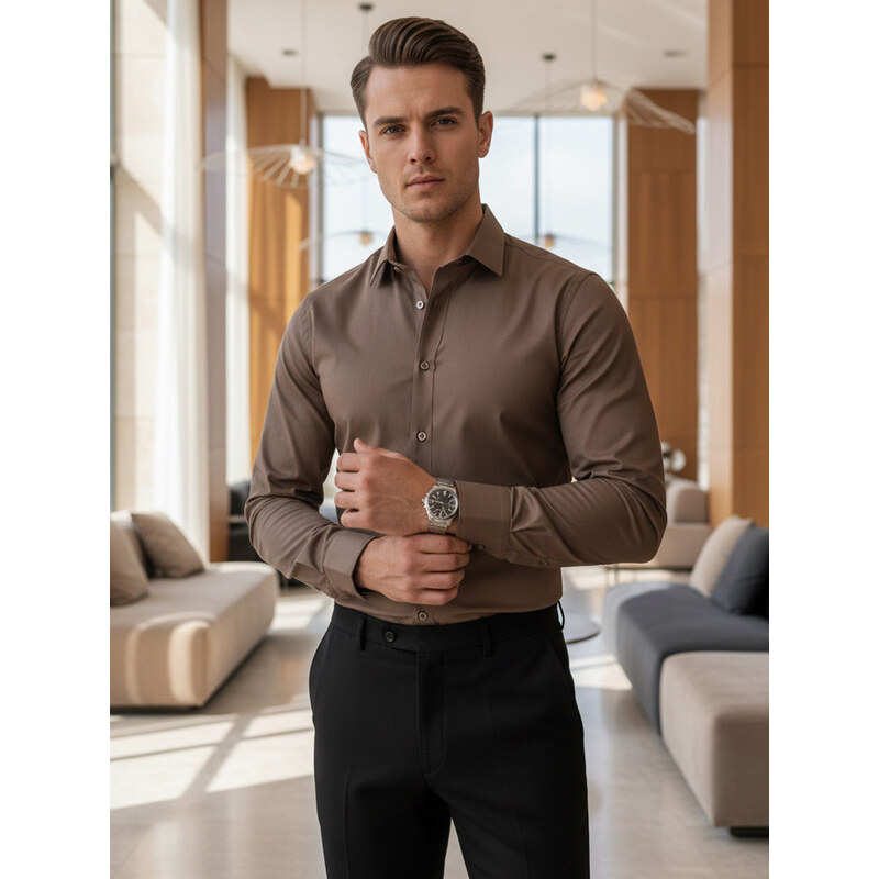 Pánská elegantní hladká hnědá košile FIT Dstreet model 21995806