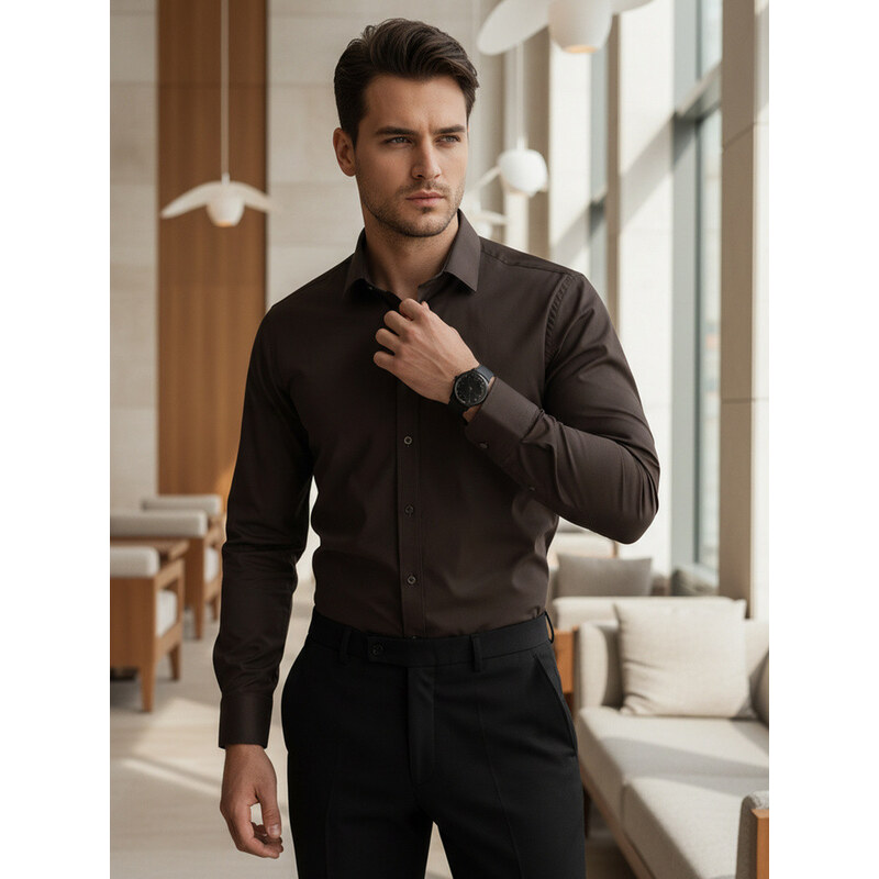 Pánská elegantní hladká tmavě hnědá košile REGULAR FIT