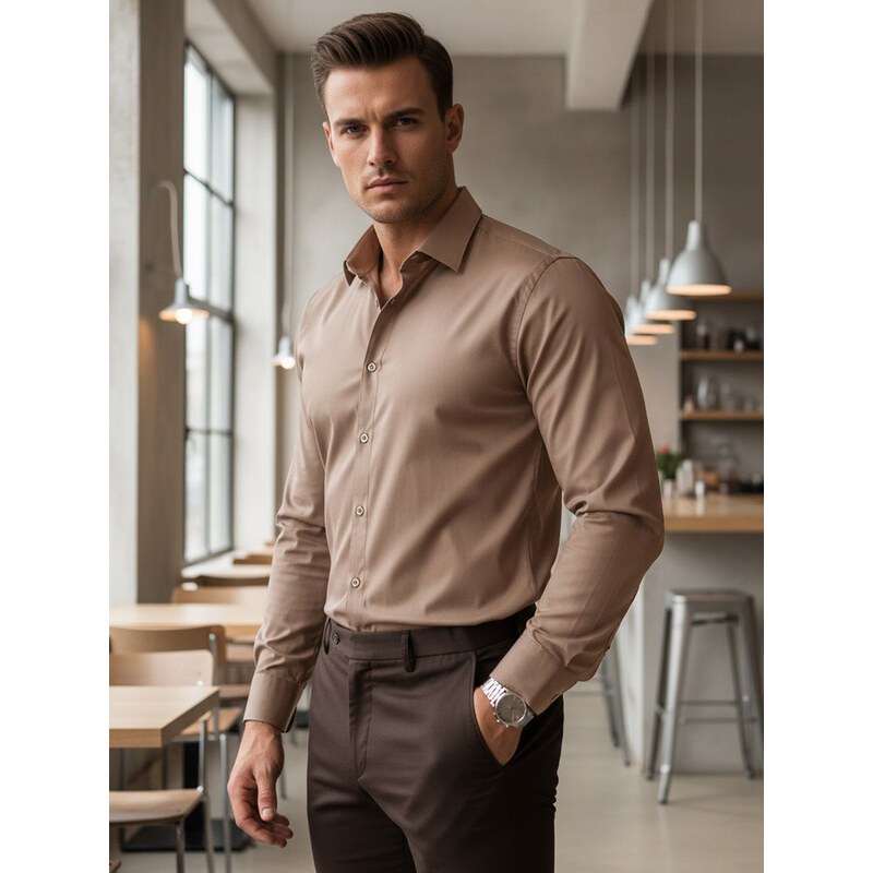 Pánská košile FIT elegantní hladká béžová Dstreet model 21995818