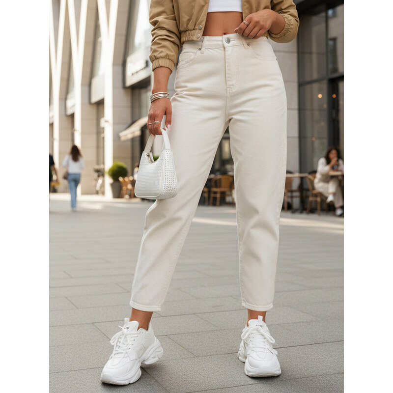 Dámské džíny mom fit s vysokým pasem krémové FashionStreet