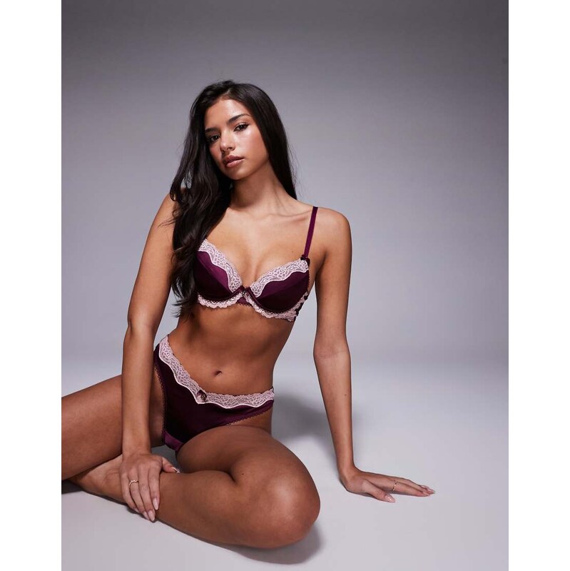 Boux Avenue Gretta satin and lace balconette bra in burgundy-Red 113421240