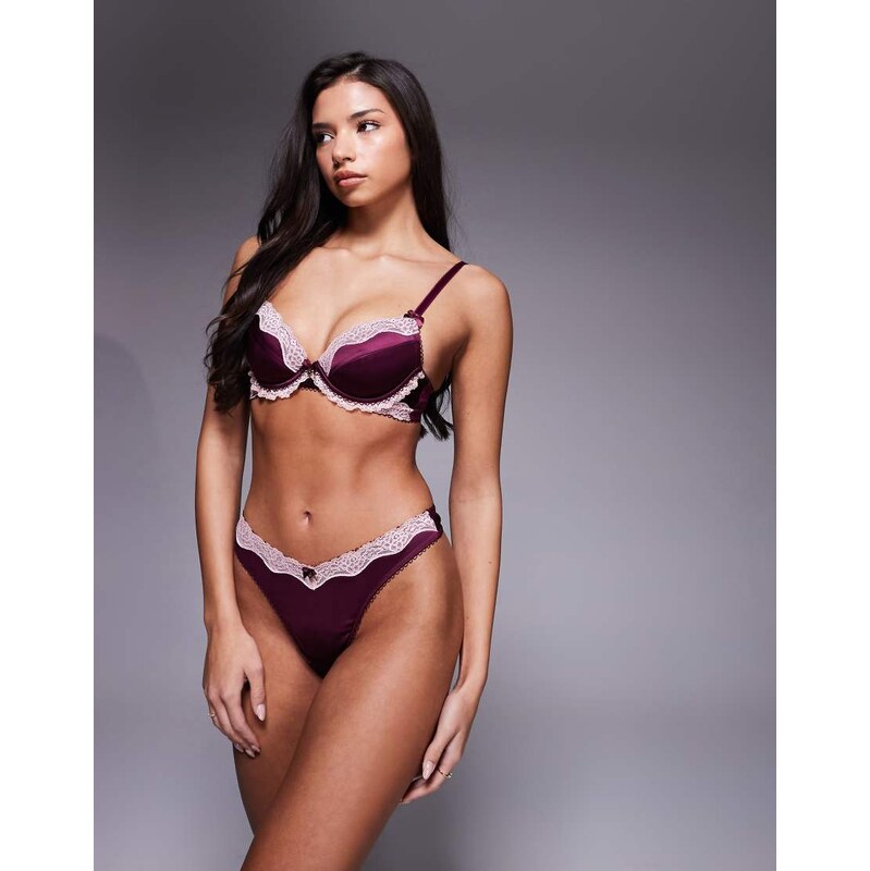 Boux Avenue Gretta satin and lace french frill thong in burgundy-Red 113421241