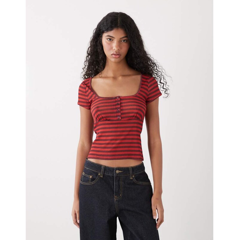 COLLUSION babydoll henley top in red and black stripe