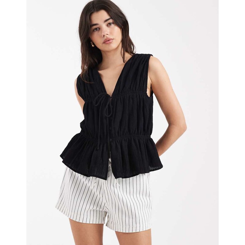 ASOS DESIGN crinkle tie front waistcoat in black