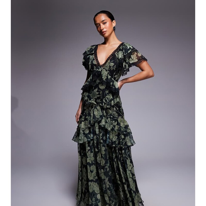 ASOS Petite ASOS DESIGN Petite full hem ruffle maxi dress with lace 113435165