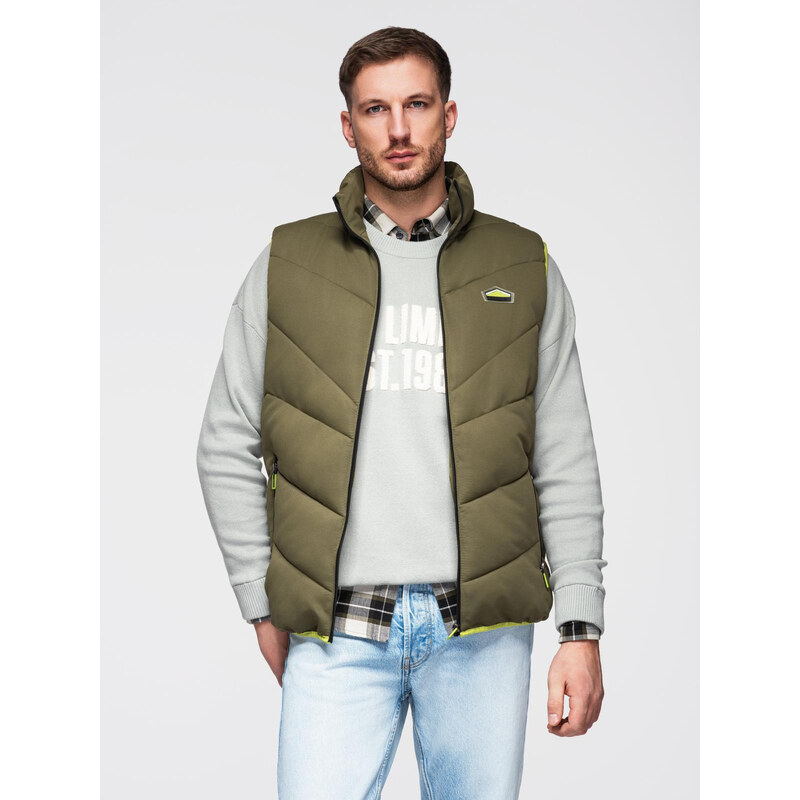 Ombre Mens quilted sleeveless jacket with neon accents - olive
