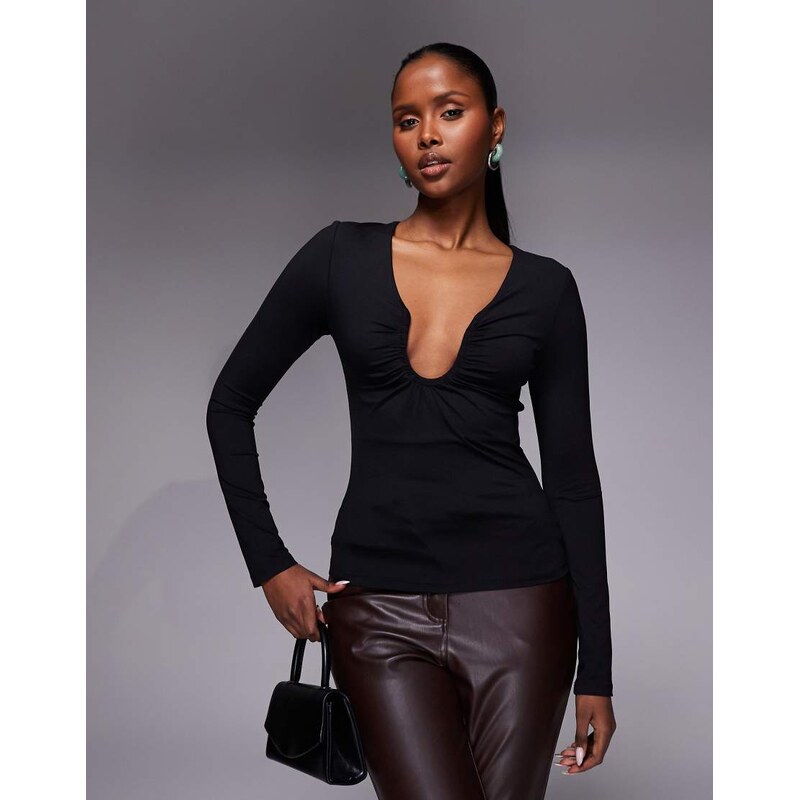 ASOS DESIGN polyamide long sleeve u-trim scooped neck top in