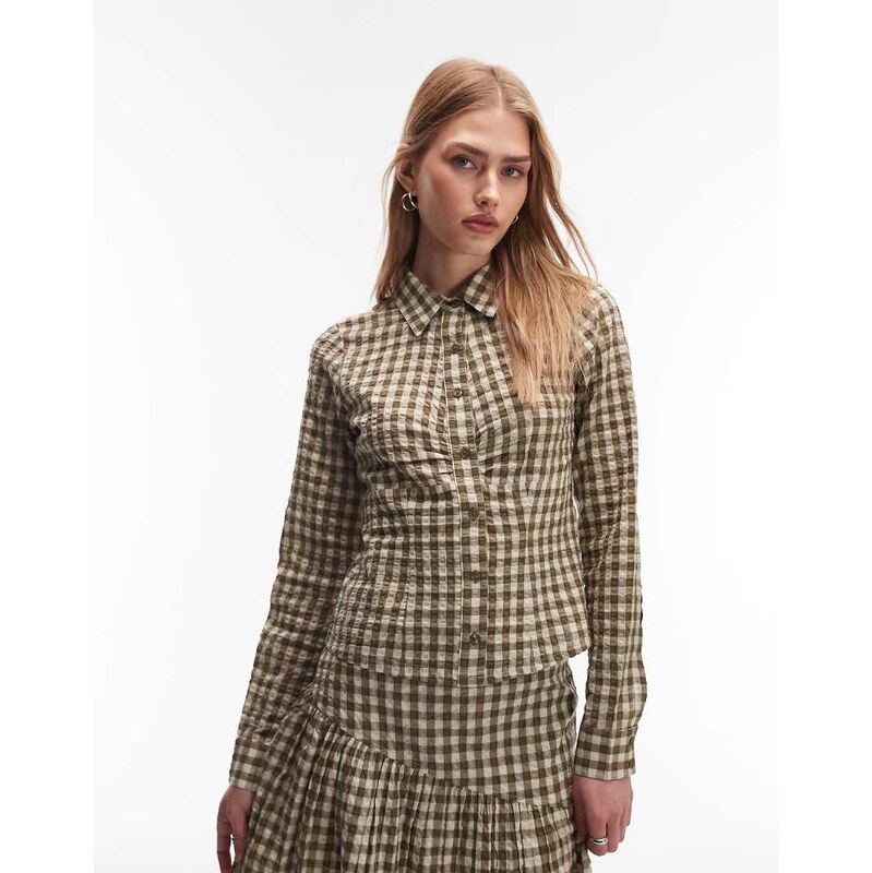 COLLUSION fitted long sleeve shirt in neutral check 114587906