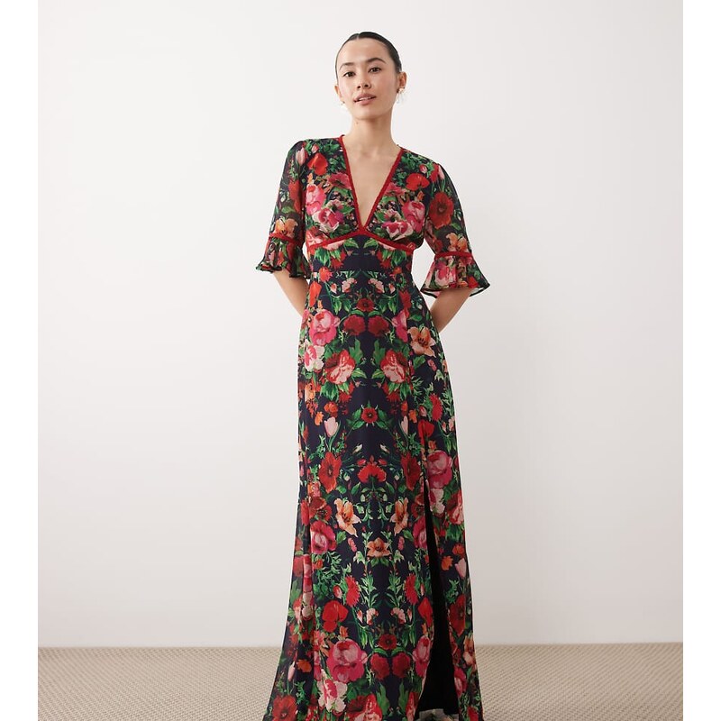 Hope & Ivy Petite frill sleeve thigh split open back maxi dress in red 113436354