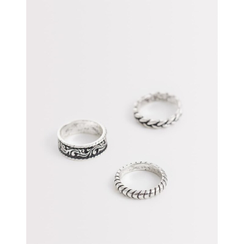 ASOS DESIGN 3 pack texture and patterned band rings in silver 113435200