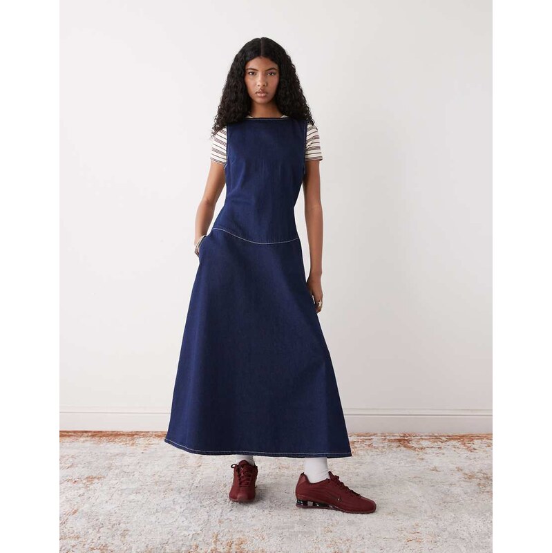 Reclaimed Vintage drop waist pinafore denim maxi dress-Blue 113441693