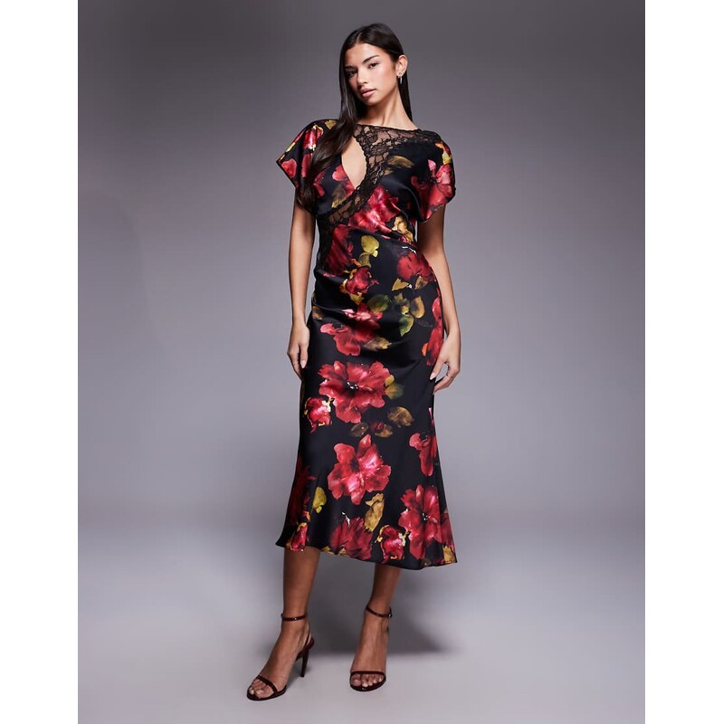 ASOS DESIGN lace applique grown on sleeve bias cut satin maxi