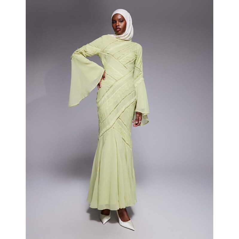 ASOS DESIGN lace panel long sleeved maxi dress in pistachio