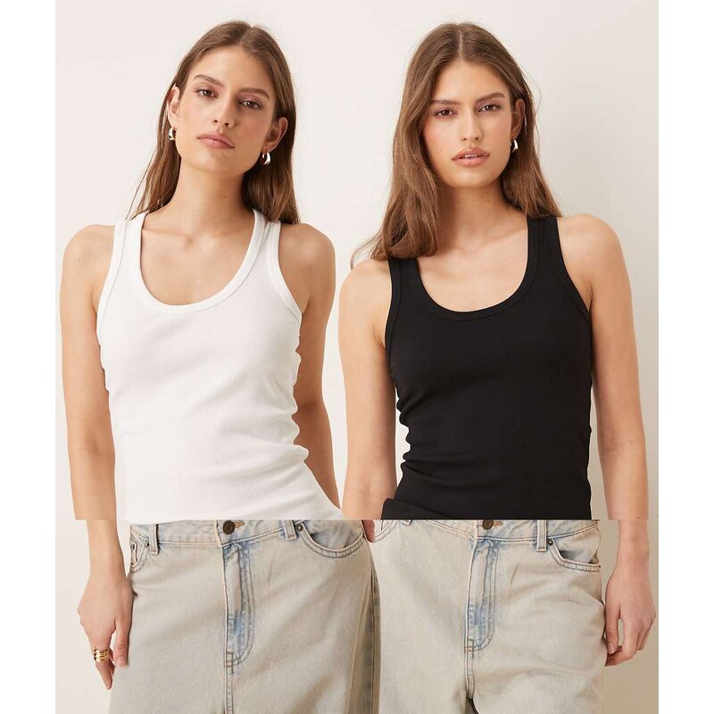JJXX Frida ribbed vest two pack in black and white