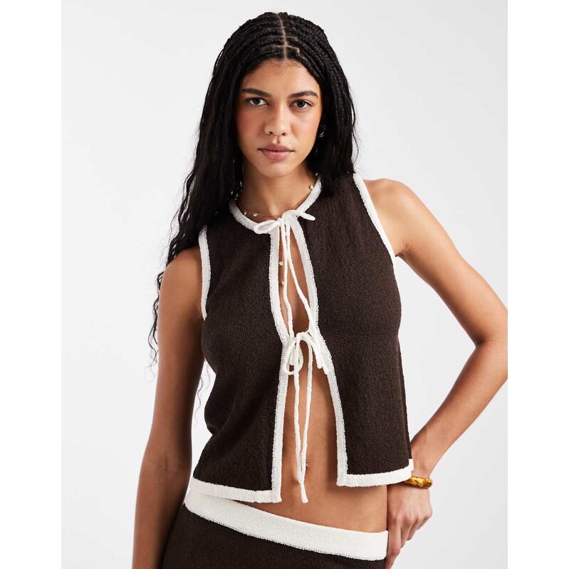 4th & Reckless knitted contrast trim tie front beach waistcoat top co 113435164