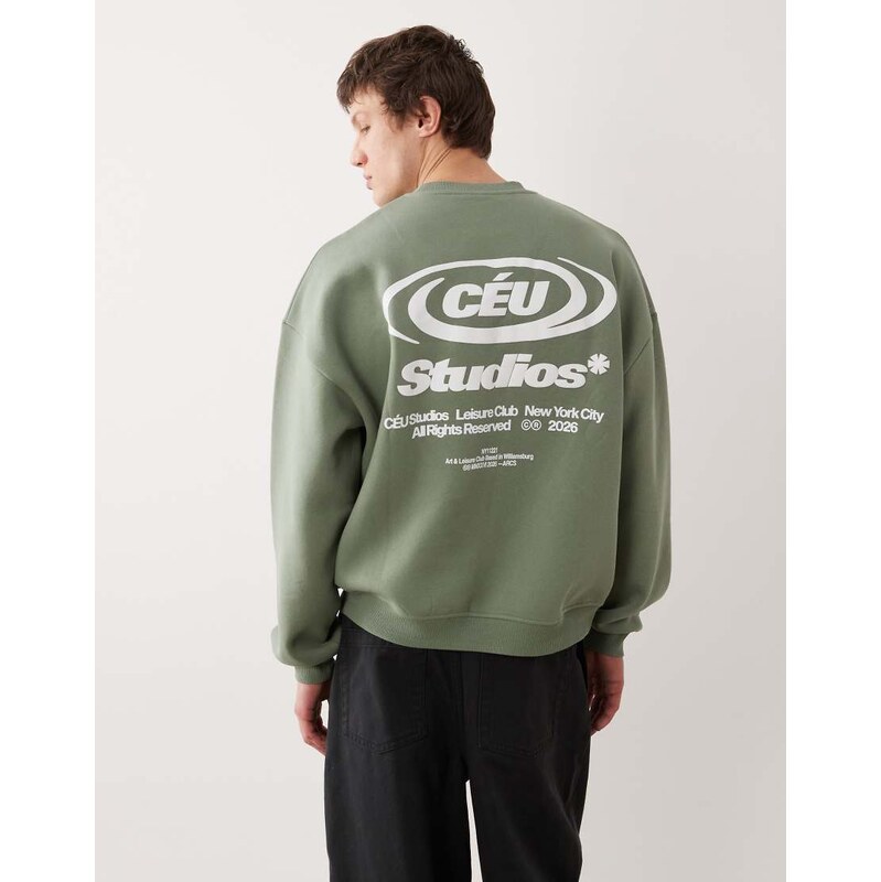 ASOS DESIGN extreme oversized crew with text in green