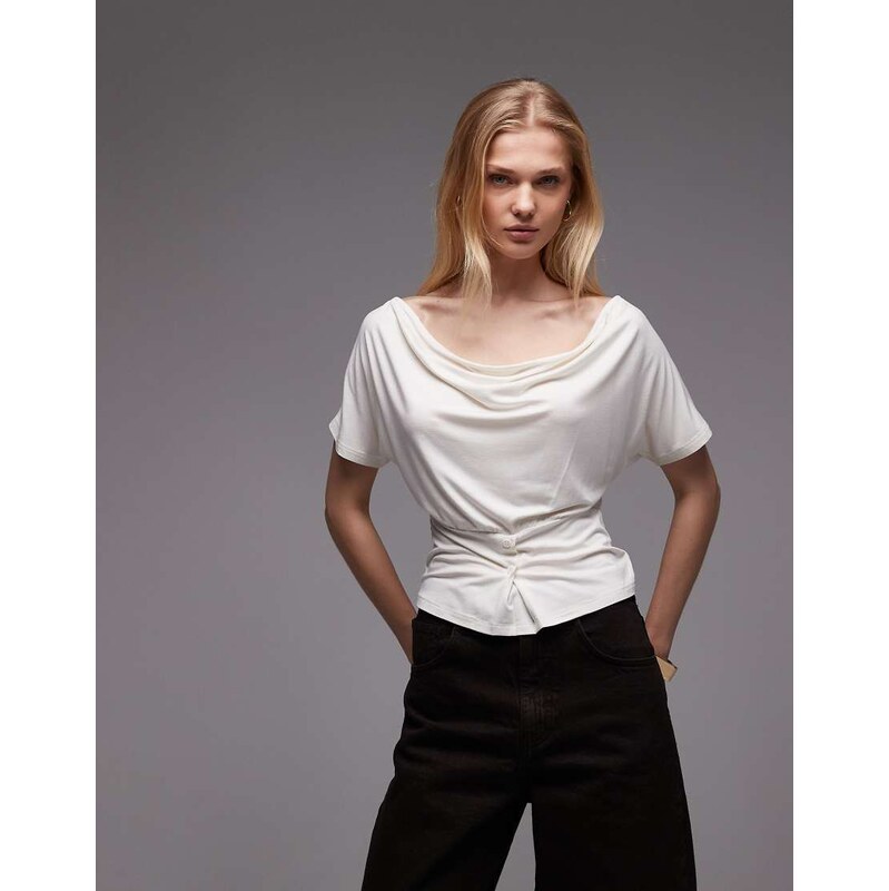 ASOS DESIGN off shoulder cinched waist top with button details