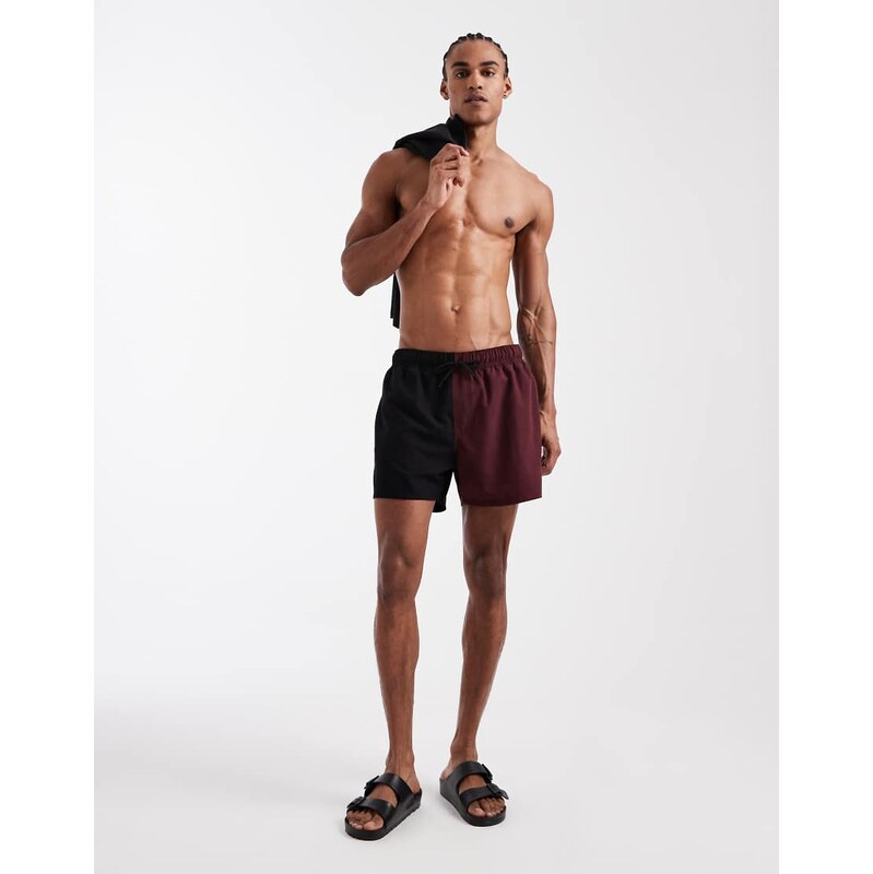 ASOS DESIGN swim shorts in short length in burgundy and black