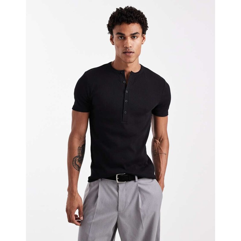 ASOS DESIGN muscle t-shirt with henley neck in black rib