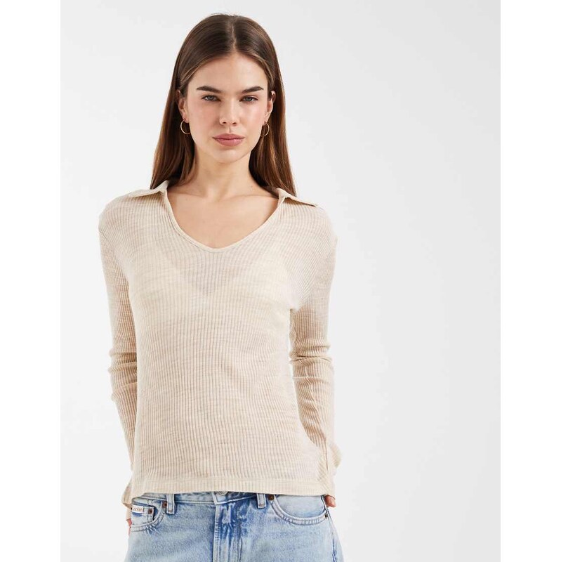 ASOS DESIGN sheer rib collared long sleeve with v neck top in