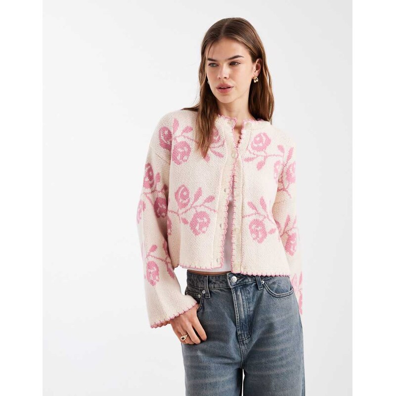 Miss Selfridge blanket stich cardigan with florals in pink