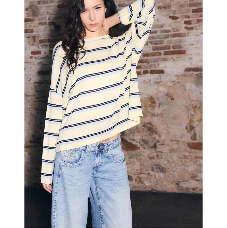Stradivarius Fine knit striped jumper in pastel yellow 113435260