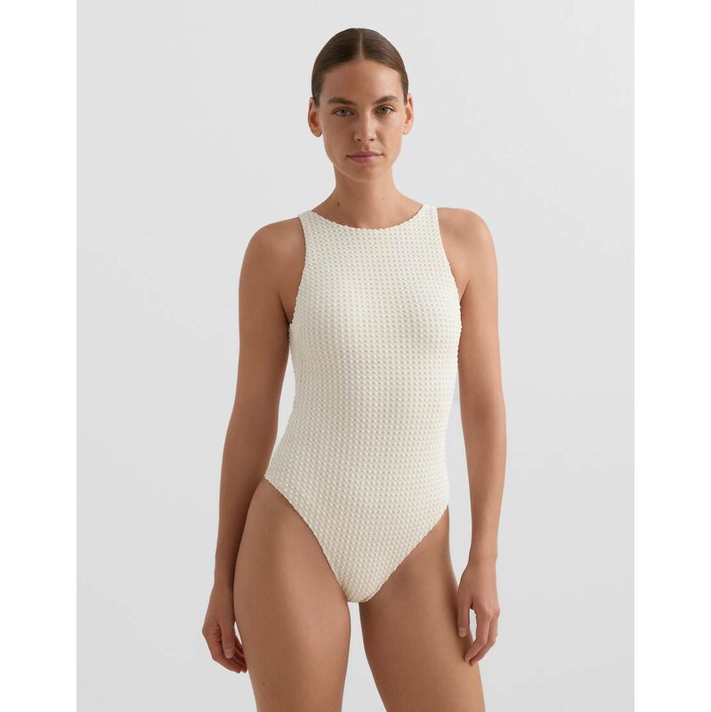 OYSHO Bubble-texture crochet halter swimsuit in ecru-Neutral