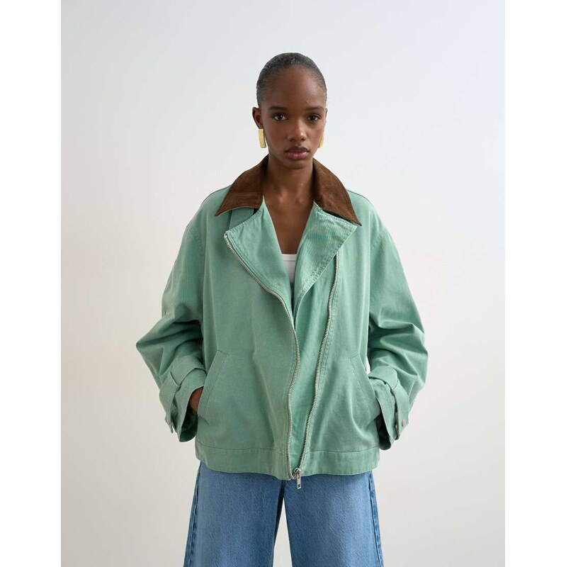 Topshop washed zip front jacket with contrast cord collar in
