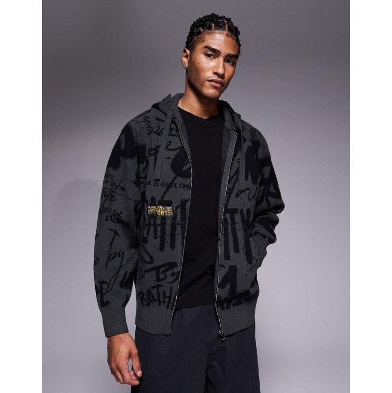 Aape by A Bathing Ape knitted zip through hoodie in black with all 113465044