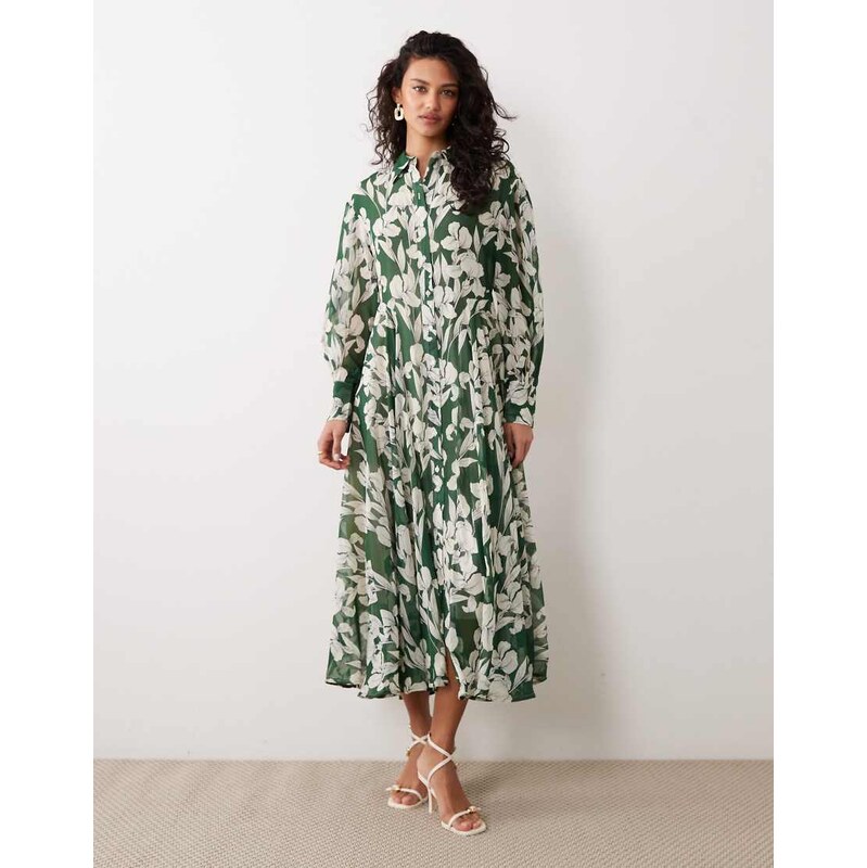 AWARE long sleeve maxi shirt dress in green floral print 113436361